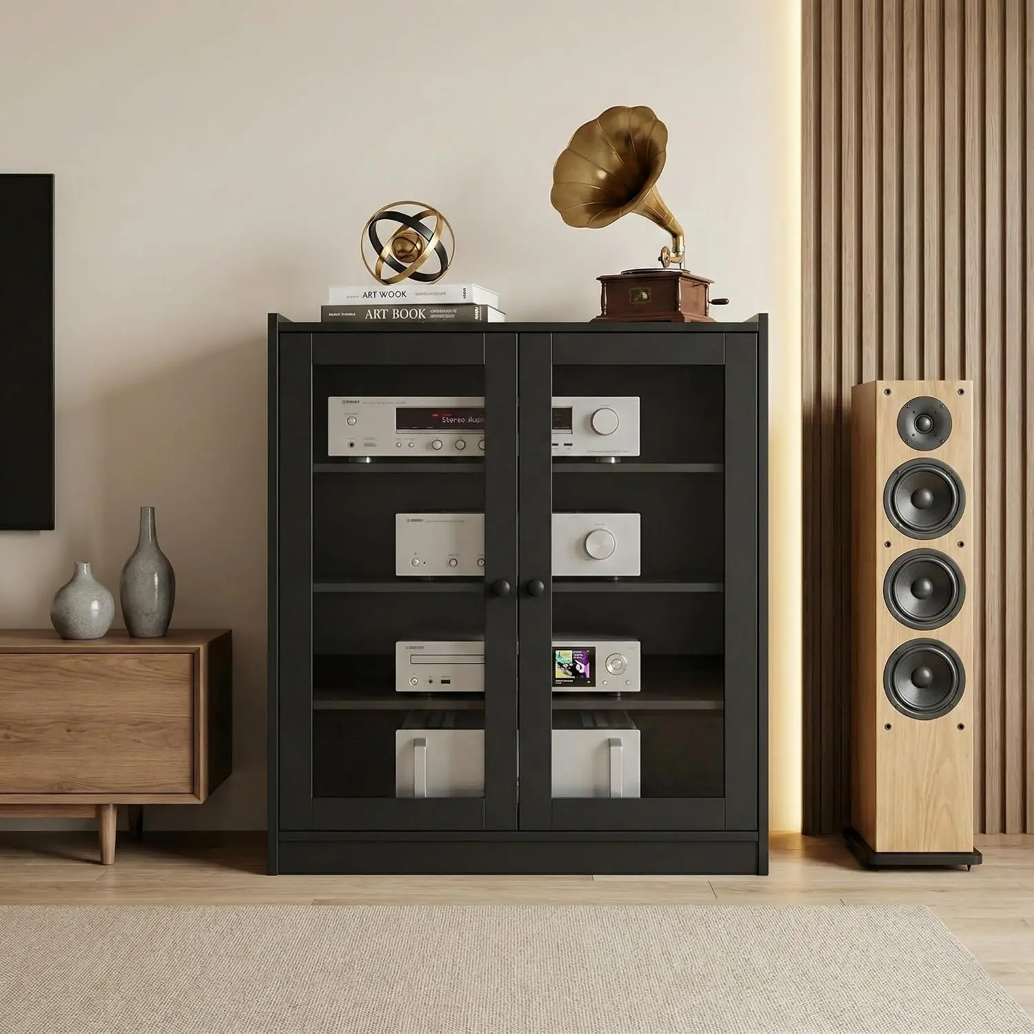 Black Stereo Cabinet Glass Doors AV Stand Adjustable Shelves Record Player Media Storage