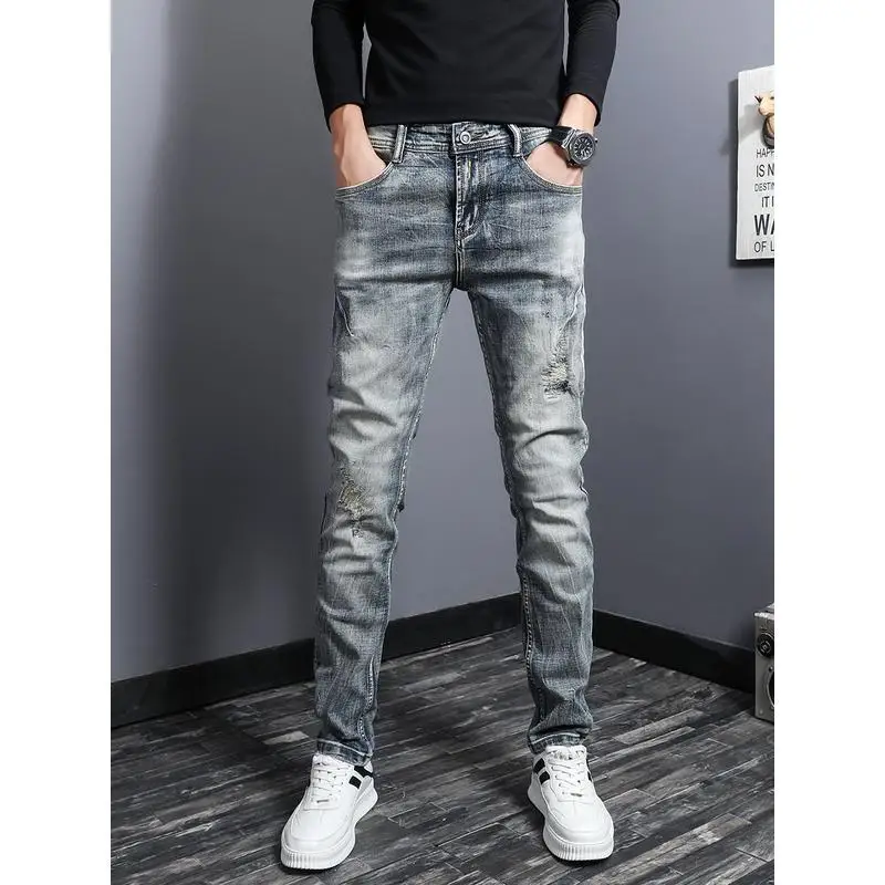 

American nostalgic washed European station white jeans men's slim straight spring trousers men clothing pants skinny jeans