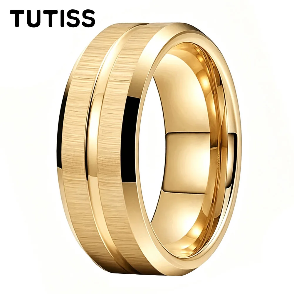 TUTISS 6/8mm Gold Tungsten Wedding Band Men Women Ring Center Groove Brushed Finish Comfort Fit Couple Engagement Promise Rings
