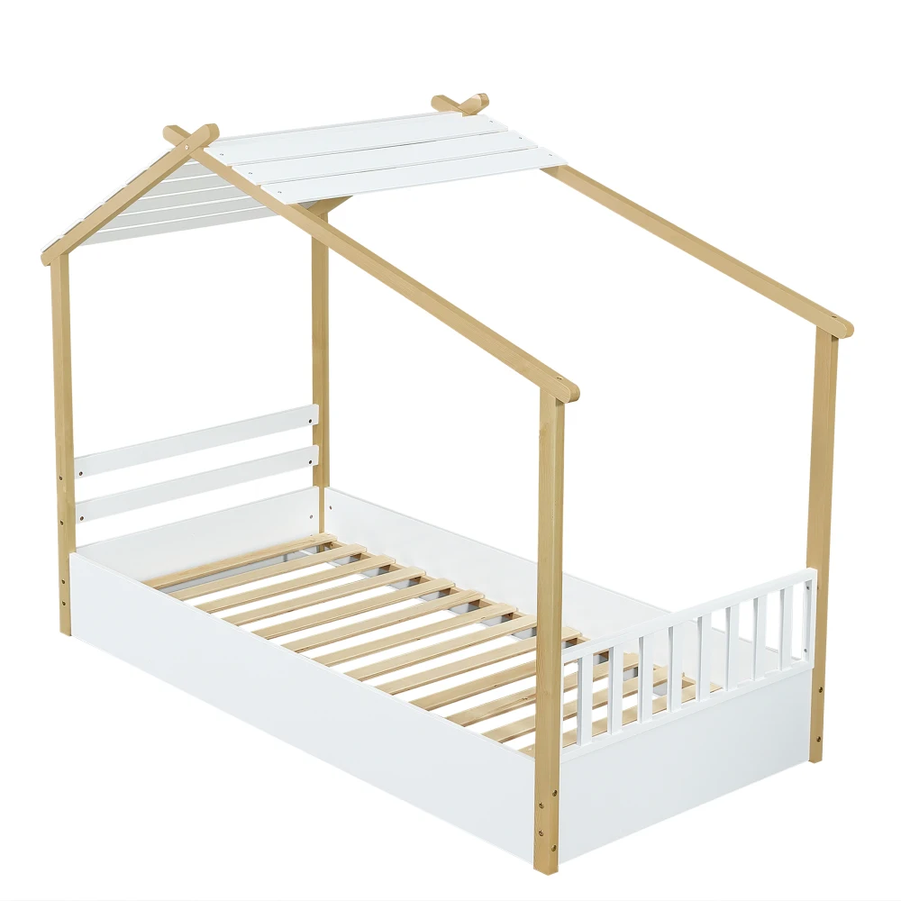 PINGGO Weißes Holz-Einzelbett 90x190cm Natürliche Holzoptik Hausdesign Lattenrost Kiefer-Spanplatte MDF Ohne Matratze – Detail 14