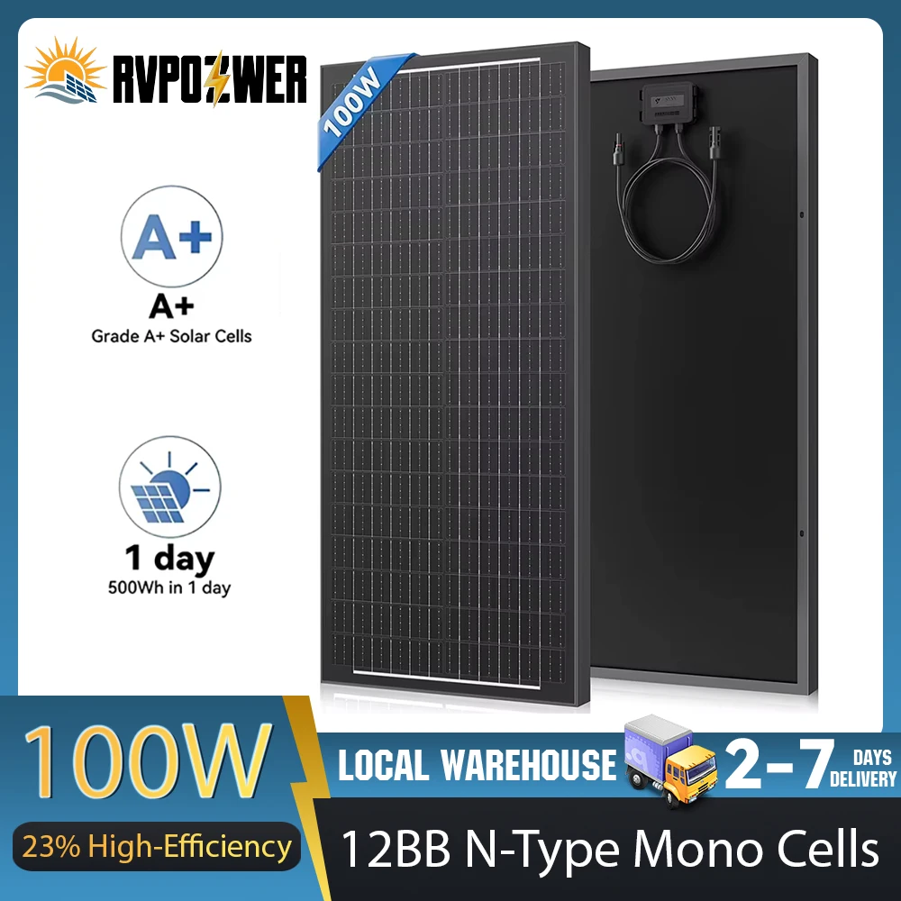 RVPOZWER 12BB Solar Panels 100W 12V N-Type Solar Cells Monocrystalline 23% High-Efficiency PV Power for Home Rooftop Outdoor