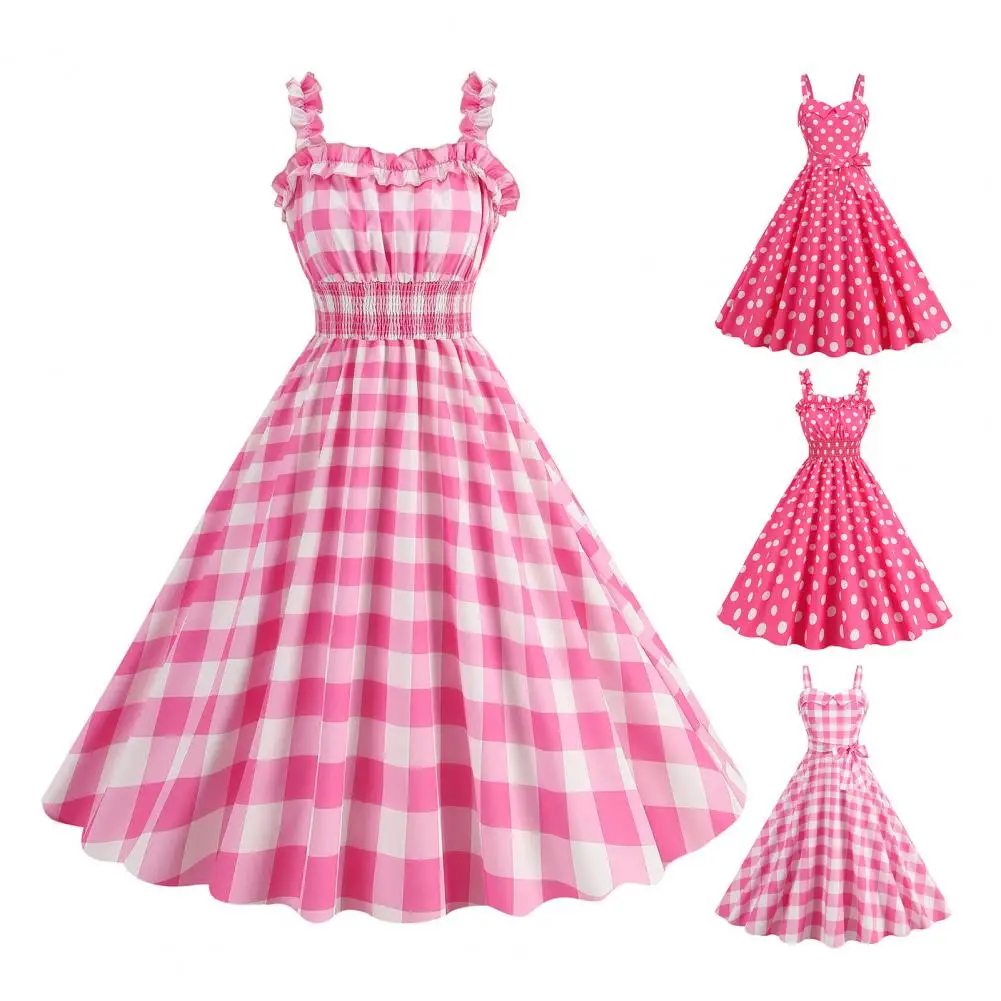 1950s Retro Women Dress Princess Style Pink Plaid Christmas Dress Classic Movie Style Elastic Waist Sleeveless Party Dress