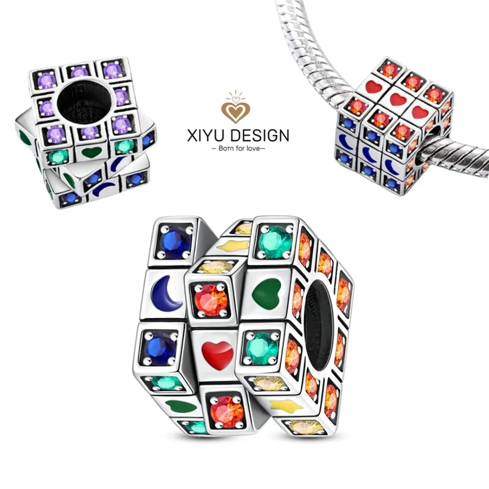 

New 925 sterling Silver Colorful Sparkling Love Cube Rotating Charm Beads Fit DIY Bracelets Women Jewelry Valentine's Day Gift