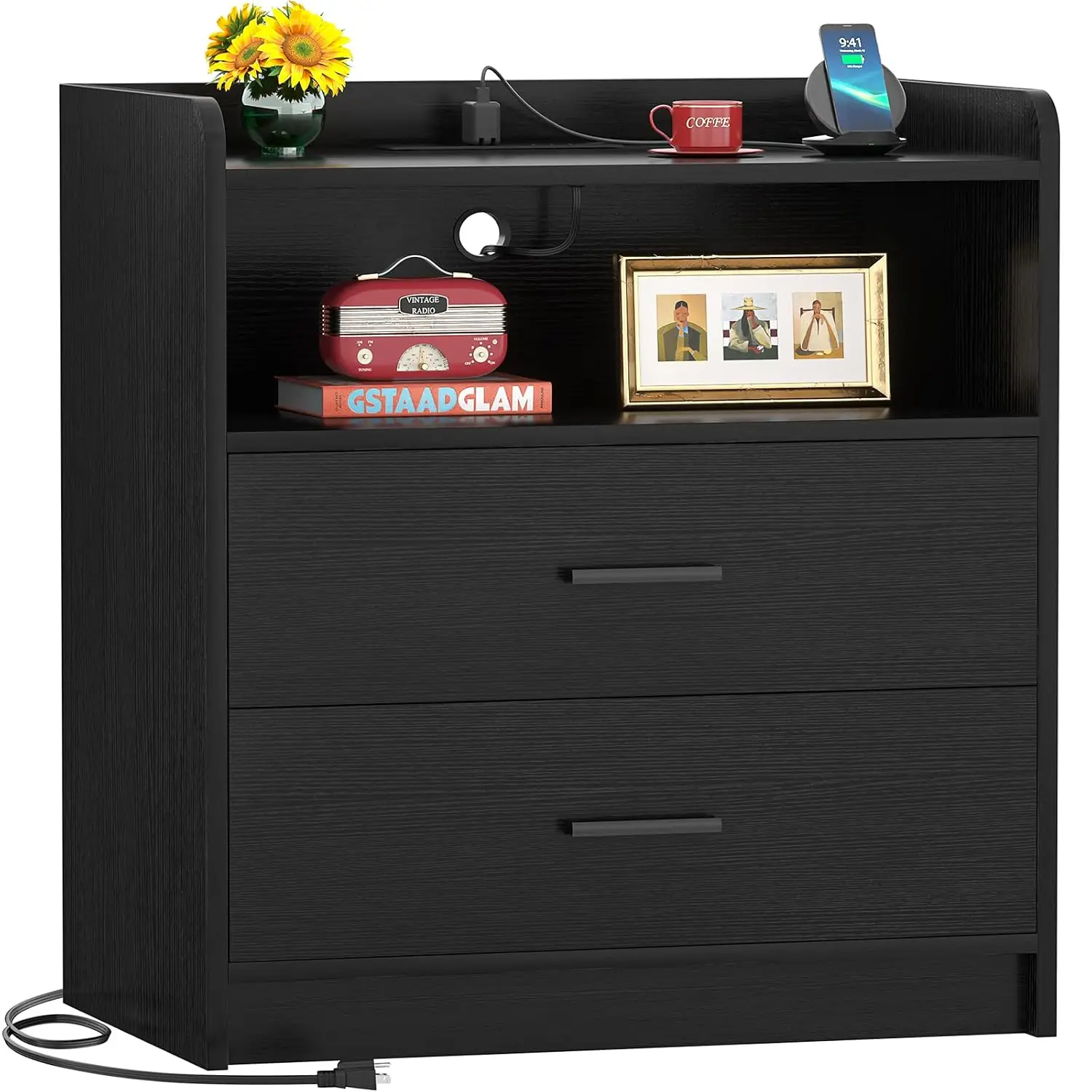 Nightstand with Charging Station & USB Ports, 23.6'' Table with 2 Drawers & Shelf, End Table for Bedroom, Black, Customized