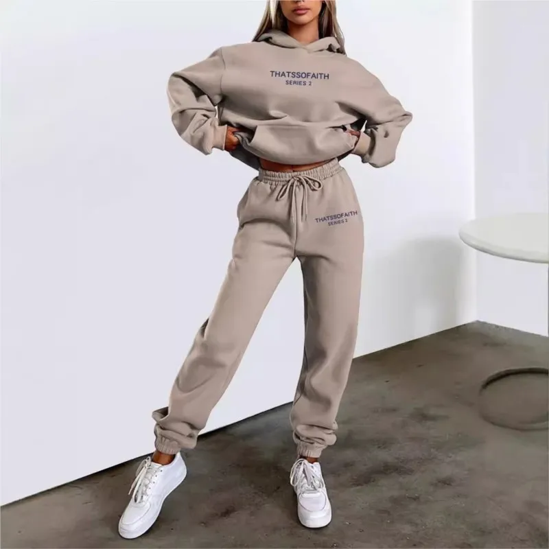 

Letter Print 2 Piece Sets Casual Kangaroo Hoodies Women's Casual Fashion Sweatshirt Set Solid Color Long Sleeves Sweatshirt 2PCS