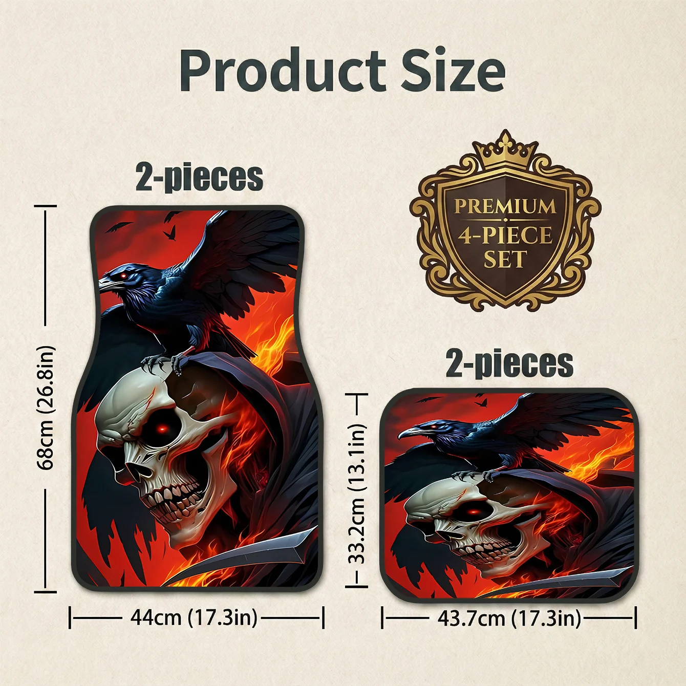 4pcs Skull Raven Style Car Mats | Polyester, Universal Fit, Durable & Easy To Maintain, Special Gift For Car Lovers