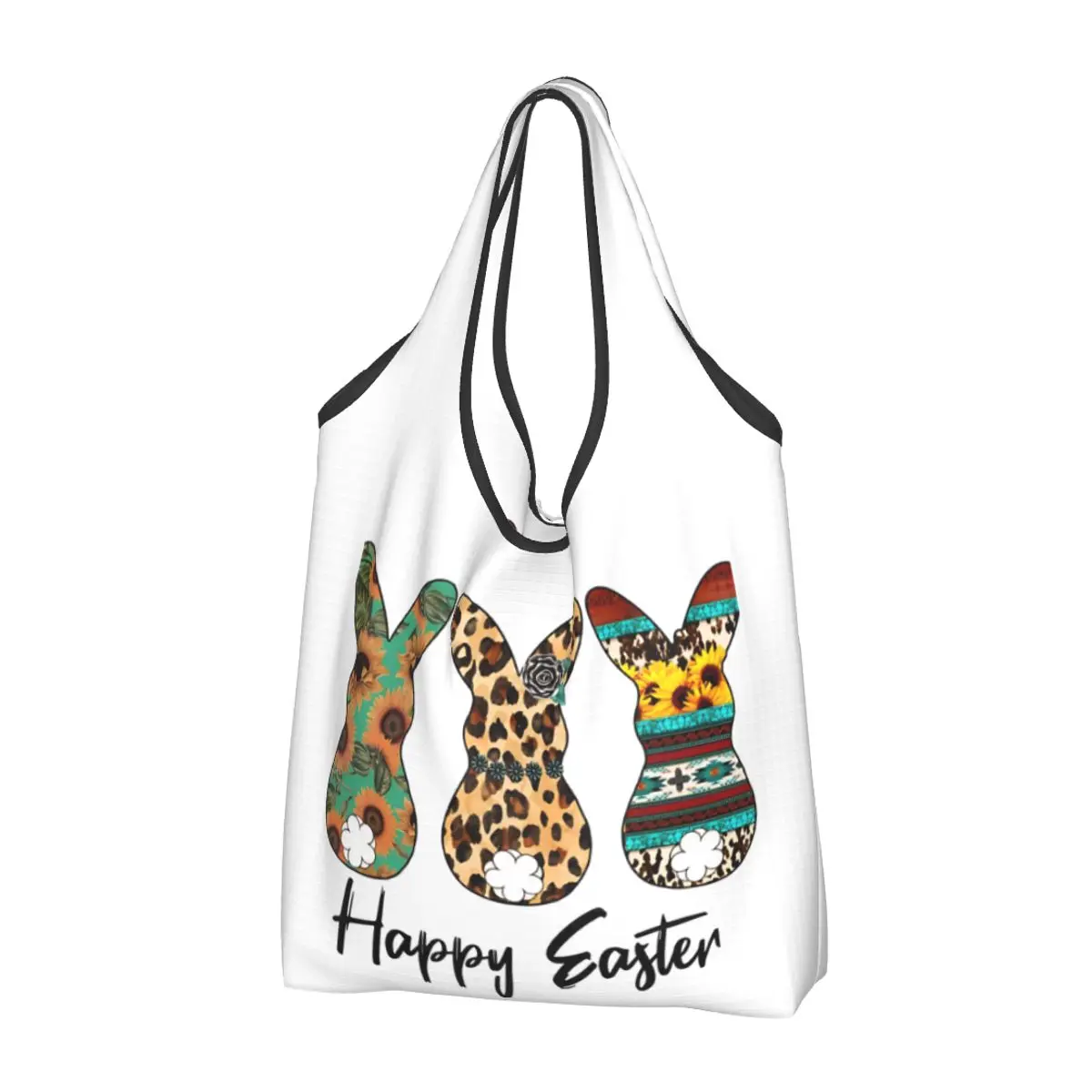 Large Reusable Cute Leopard Easter Bunny Rabbit Grocery Bags Recycle Happy Easter Day Shopping Eco Bag Washable With Pouch