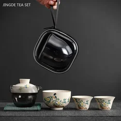 Conjunto de chá de viagem pintado à mão, infusor de chá portátil, terno Teaware, beleza artesanal Gaiwan, carro doméstico e exterior, um pote de 3 xícaras