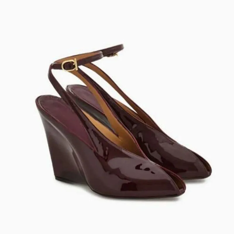 

Dark Brown Pink Patent Leather Pointed Peep Toe Wedges Sandals Women Summer Black White Ankle Buckle Strap Slingback Sandals