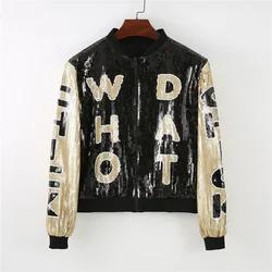 Autumn And Winter New Cartoon Letter Patchwork Color Long Sleeve Streetwear Jackets Sequins Long Sleeve Loose Women's Coats