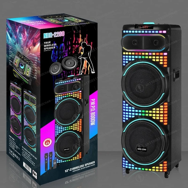 

Двойная 12-дюймовая Bluetooth-колонка с двумя беспроводными микрофонами, светодиодной атмосферной подсветкой, звуковая система для вечеринок, танцев и караоке на открытом воздухе