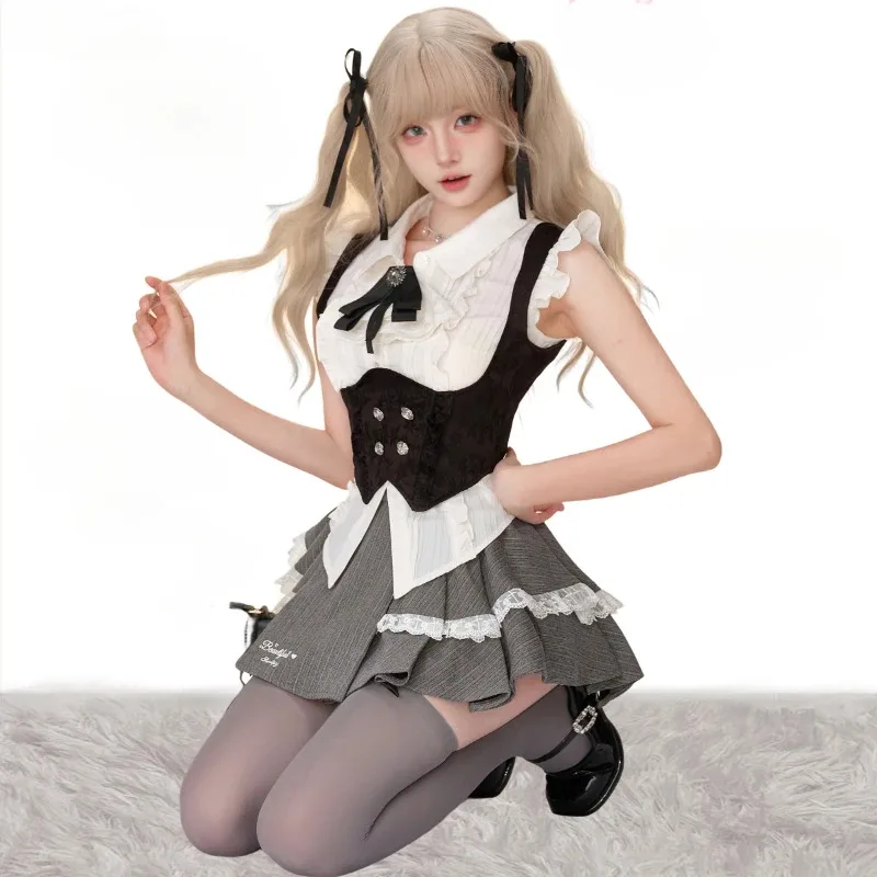 Y2k خمر 3 قطعة مجموعة النساء Preppy نمط القوطية الأبيض قميص سترة كعكة صغيرة تنورة دعوى الإناث الكورية موضة ملابس أنيقة