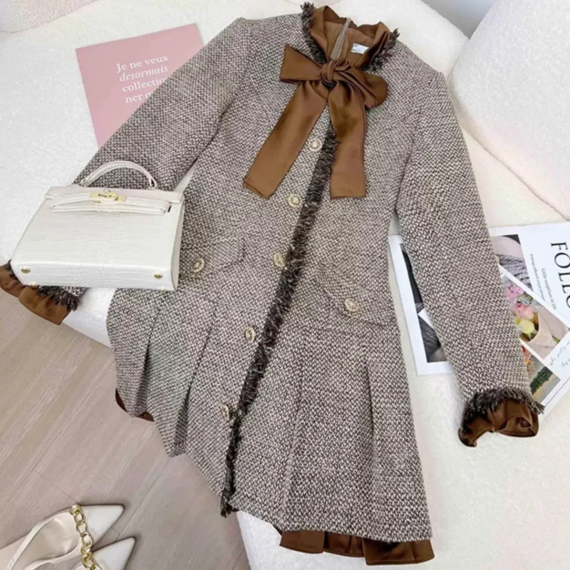 2024 Autumn Winter New Fashion Women Tweed Dress Long Sleeve Short Vestidos De Fiestas Elegante Mujer Robes Evening Party Dress