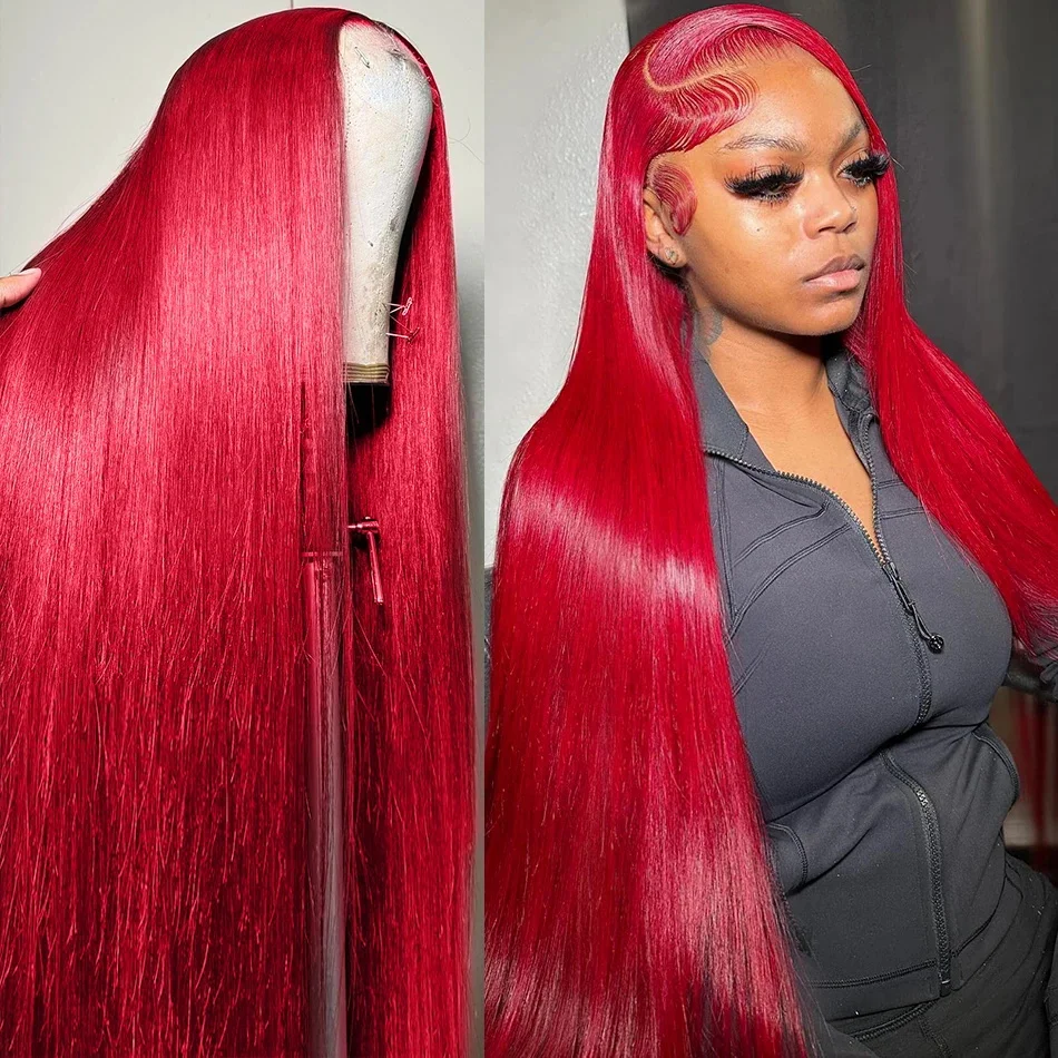 

16-32 дюймовые парики с прямым кружевным фронтом 13x4, ярко-красные, из натуральных волос, идеально прямые, для женщин