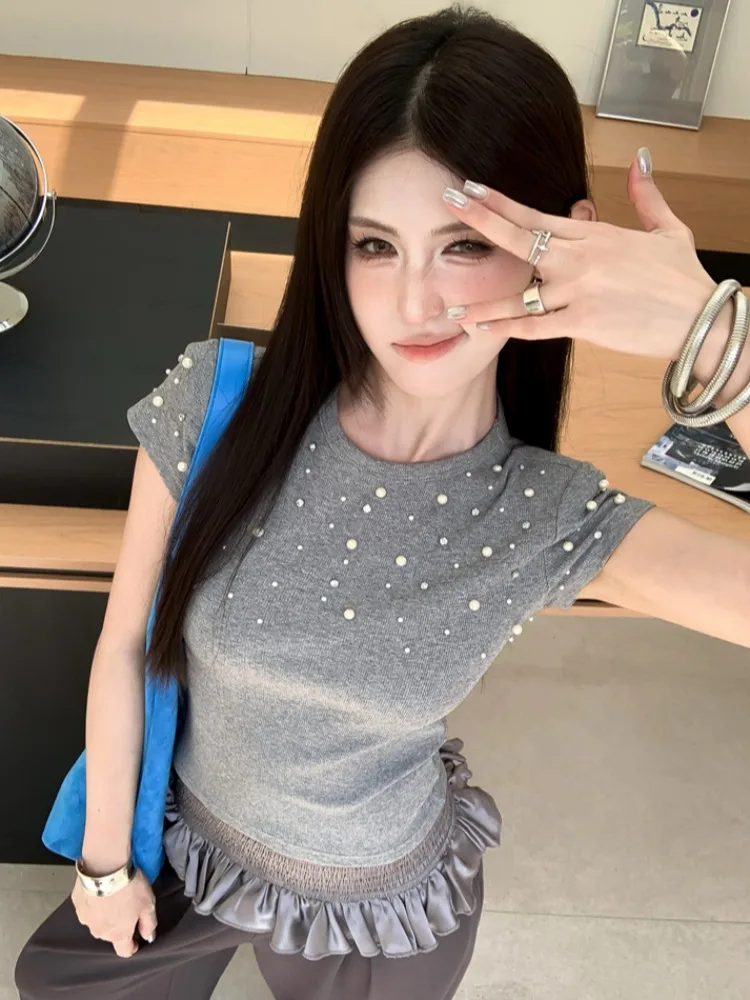 

Korean Style Short Sleeve T-Shirt Women's Summer Slim Fit round Neck Rivet Embedded Sparkling Diamond Versatile Short Top