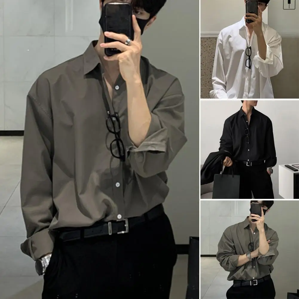 Formal Men Shirt Formal Business Style Men\'s Mid Length Shirt with Turn-down Collar Single-breasted Design Solid Color for Long