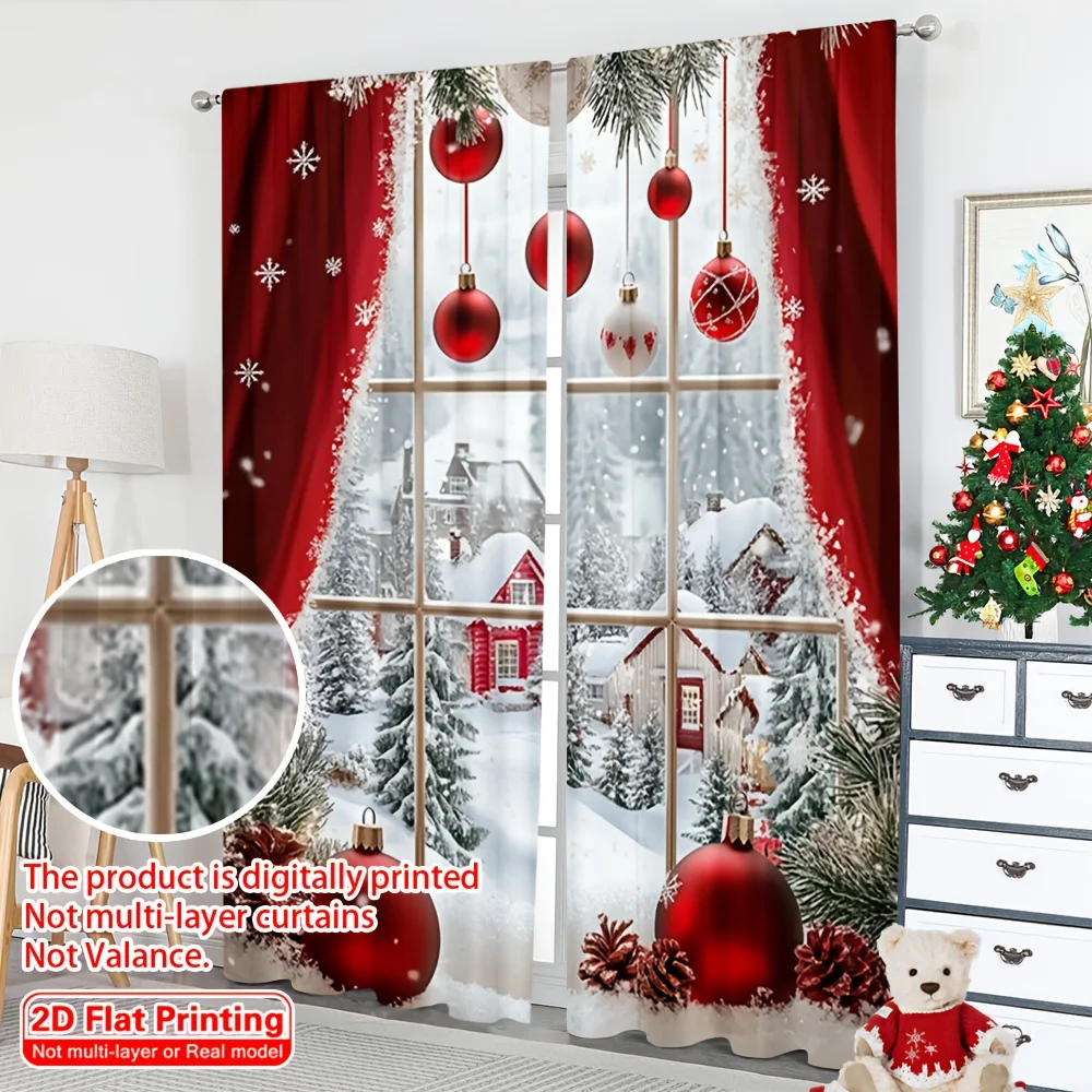 Boho Christmas Curtains 2pcs, Vibrant HD Digital Print Rod Pocket 2D Flat for Living Room Bedroom Study Room Festival Decor