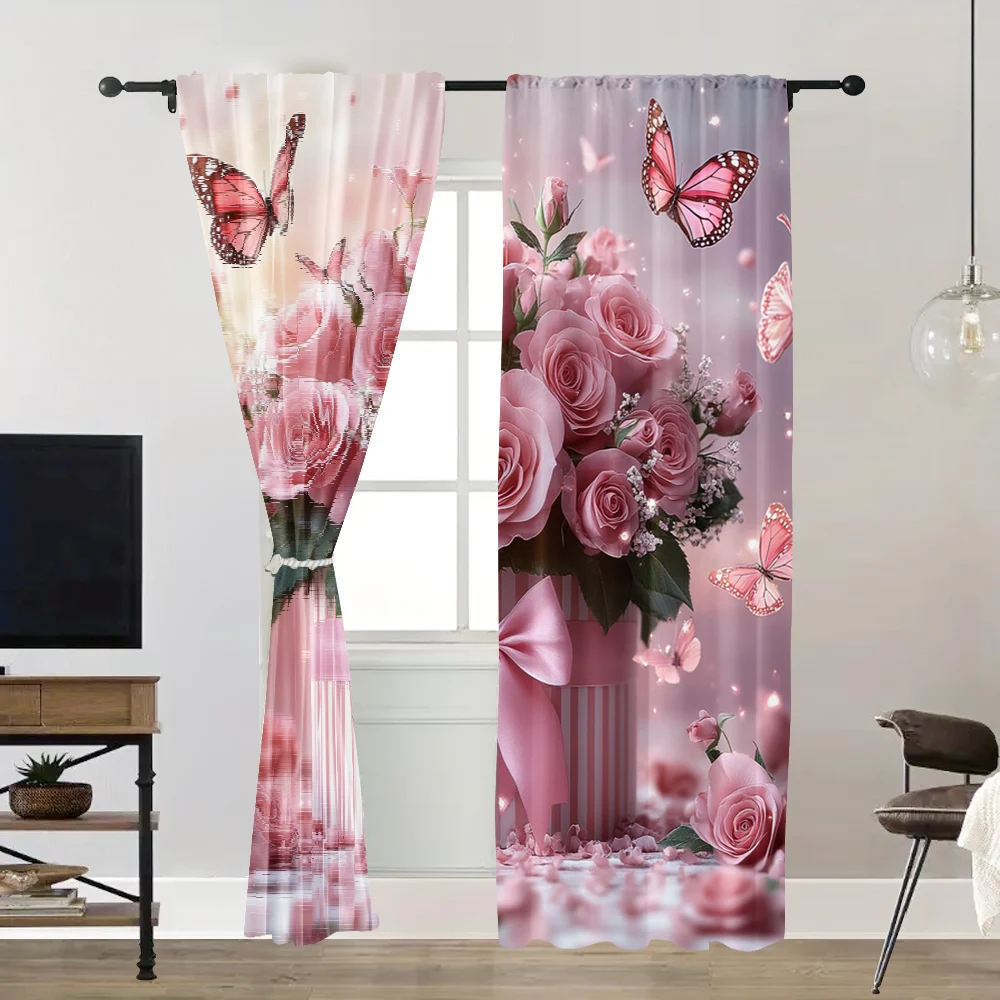2pc,  Party Window Curtains Pink Butterflies Rose Gift Versatile 100% Polyester,Without Electricity Festive Backdrops Perfect