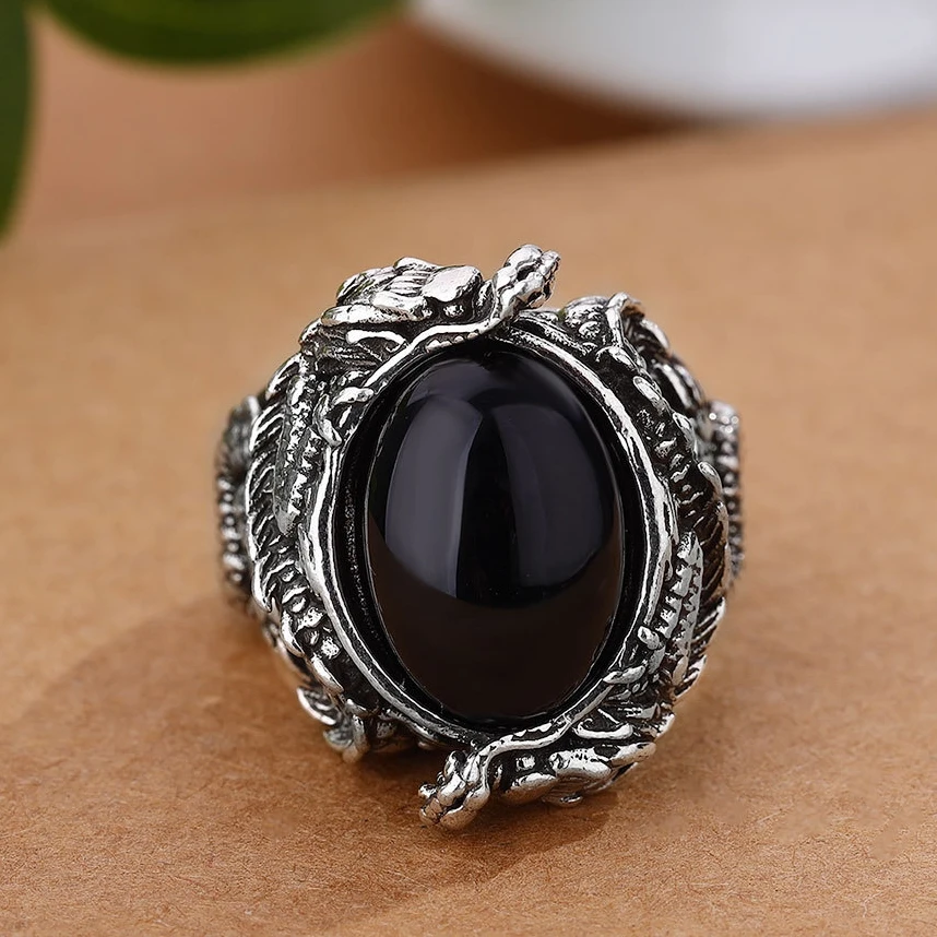 

Vintage Relief Dragon Ring For Men Jewelry Trendy Personality Jade Black Oval Ring Male Index Finger Accessories