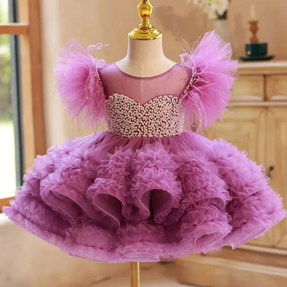 Purple Puffy Layered Flower Girl Dress For Wedding O-neck Tulle With Pearls Baby Kids Birthday Party Ball First Communion Gowns