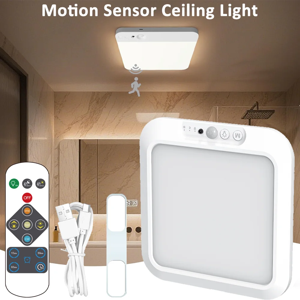 Rechargeable Motion Sensor Ceiling Light with Remote 3000K-6500K Timer Wireless Mount LED Shower Lighting for Indoor Room Stairs