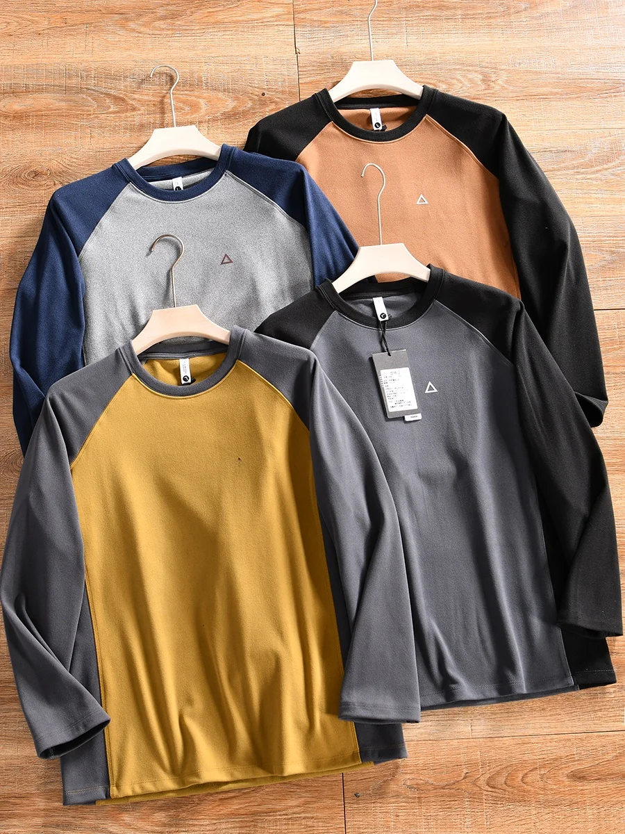 Double-Sided German Velvet Tech Fiber Long Sleeve T-Shirt Shoulder Insertion Color Block Men's Winter Warm Standard Fit Tee