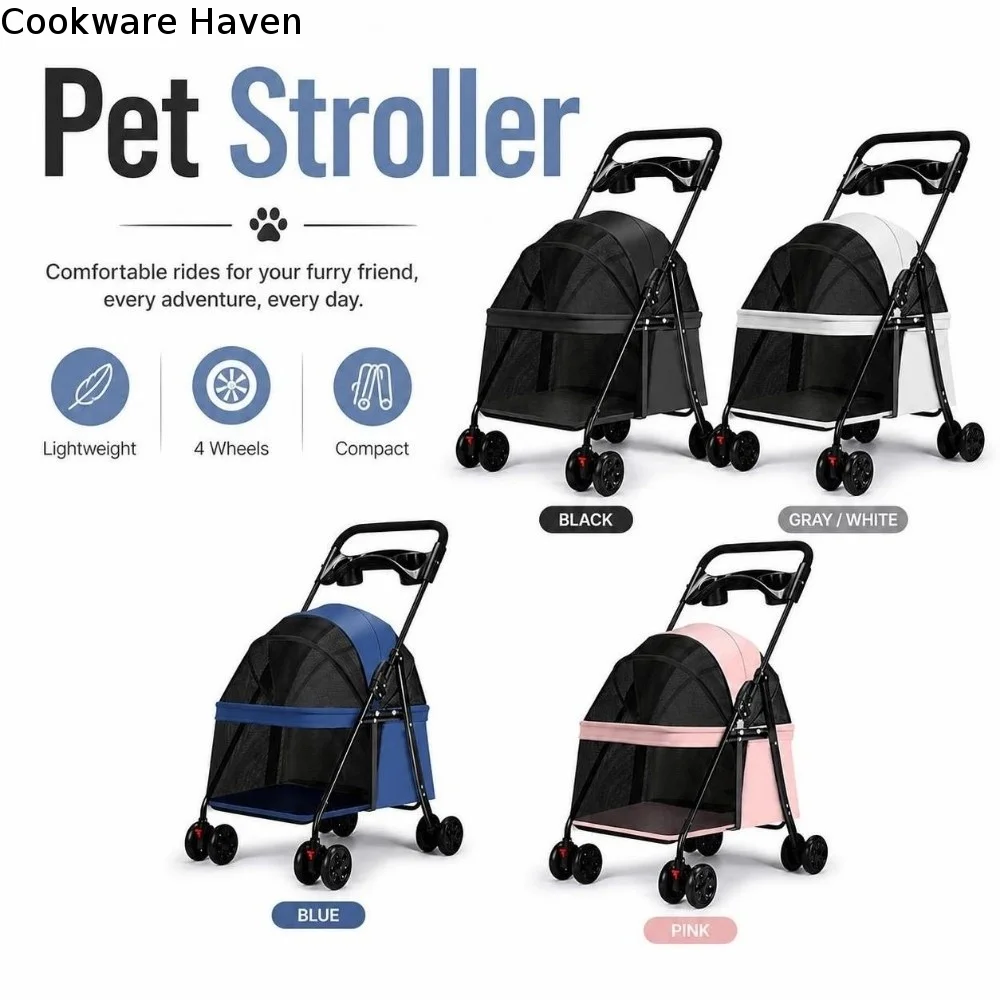 Smooth-Rolling Foldable Pet Stroller 4 Wheels Dog & Cat Pet Trolley Carrier Compact Large Capacity Pet Push Cart Outdoor