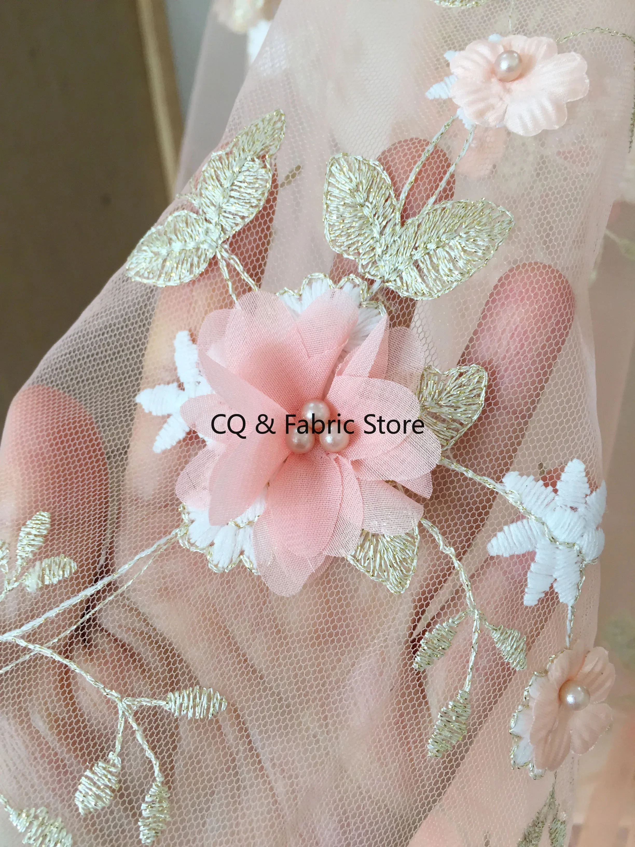 

Двухцветная трехмерная шифоновая аппликация, сетчатая кружевная ткань с вышивкой бисером для свадебного платья, дизайнерская ткань