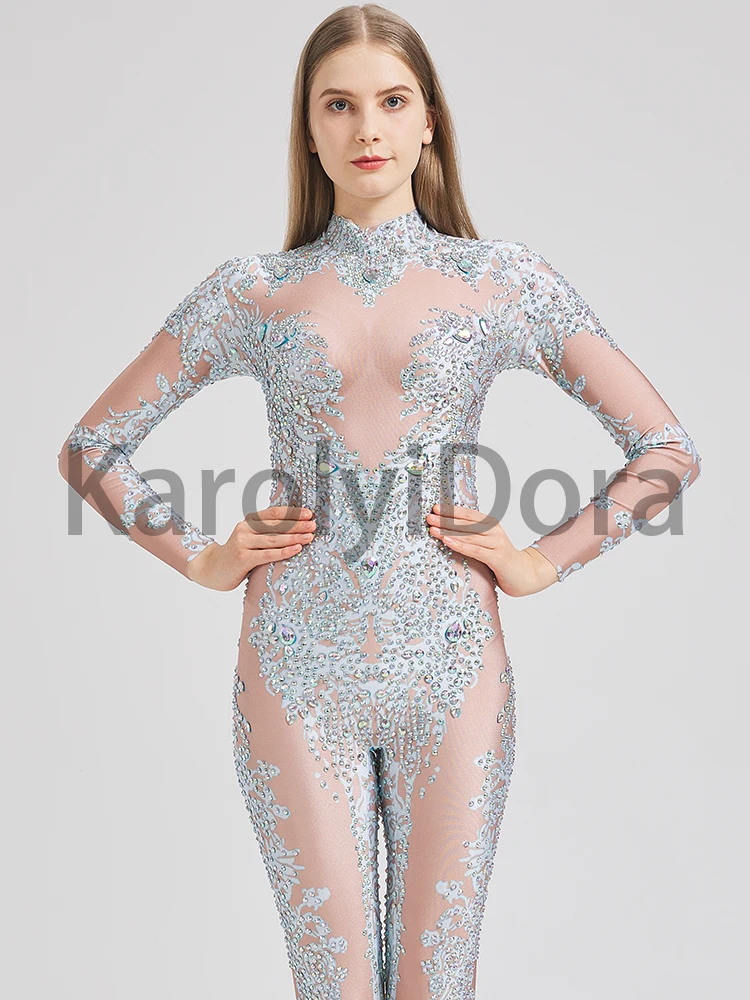 High-Quality Sparkly Rhinestone Bodysuit Fashion Nightclub Dancer Pole Dancing Stage Costumes Acrobatic Women Jumpsuit