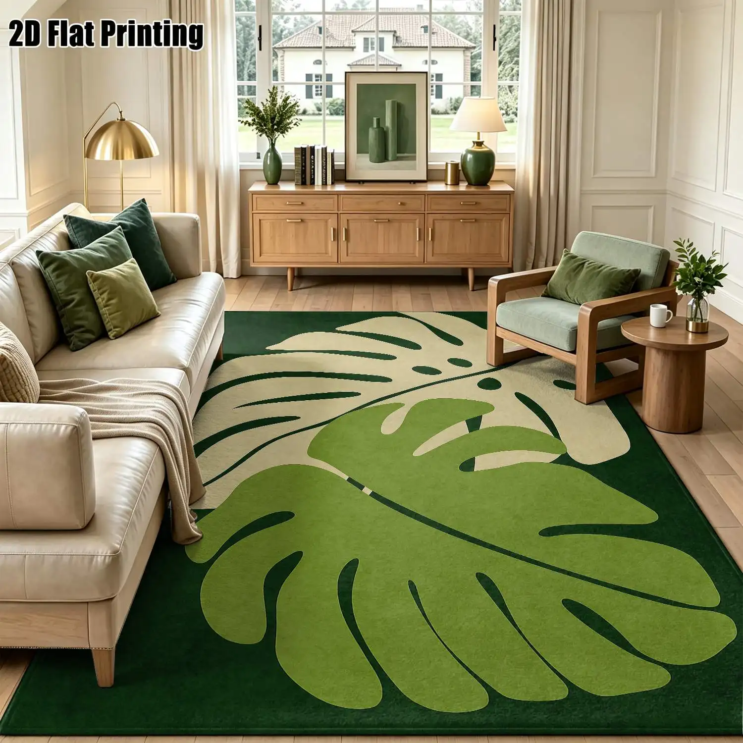1Pc 2D Printed Green White Turtle Shell Leaf Pattern Nordic Carpet, Instagram-Inspired Floor Mat, Modern Minimalist Vintage Geometric Line Rug, Home Decor, Multi-Size Machine Washable, for Entrance, Dining, Foyer, Bedroom, Living Room