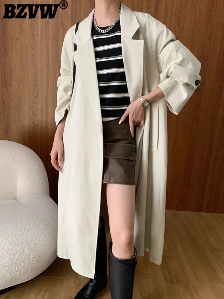 

BZVW Minimalism Trench Women's Lapel Single Button Solid Color Lace-up Gathered Waist Mid Length Windbreaker 2024 New 25A8505