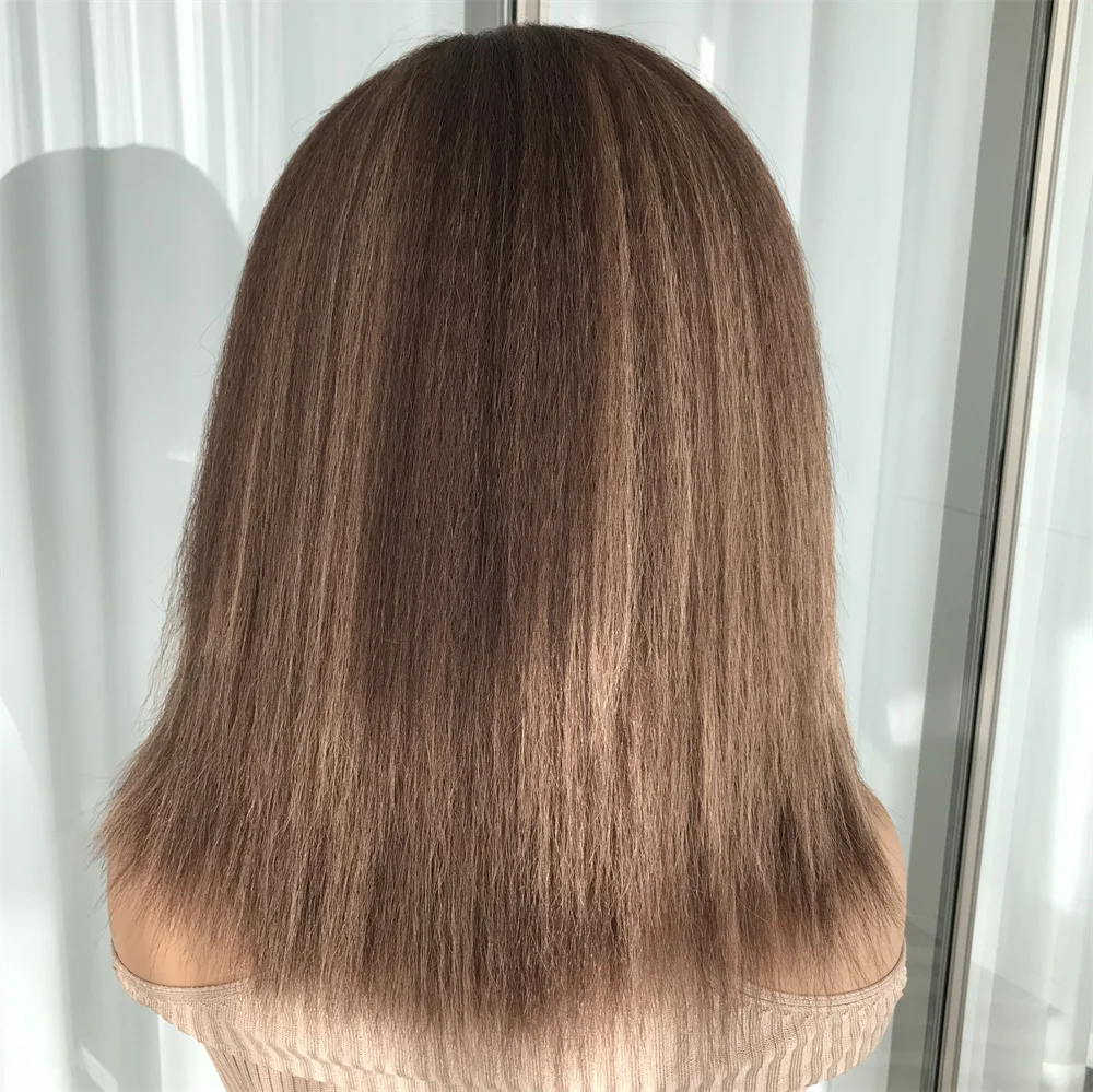 Highlight Blonde Kinky Straight Short Bob Wig Synthetic Wear Go Glueless Wig for Women Pre Plucked Side Part Yaki Wig 12inch