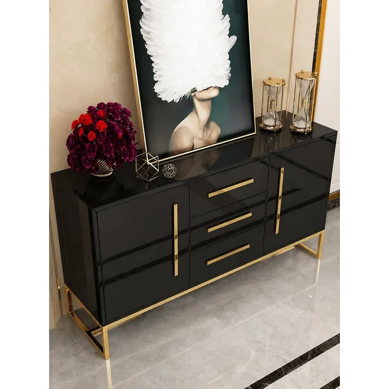 Modern Simple Dining Side Cabinet Stainless Steel Gold Plated Black White Paint Tempered Glass Locker for Entrance Bedroom