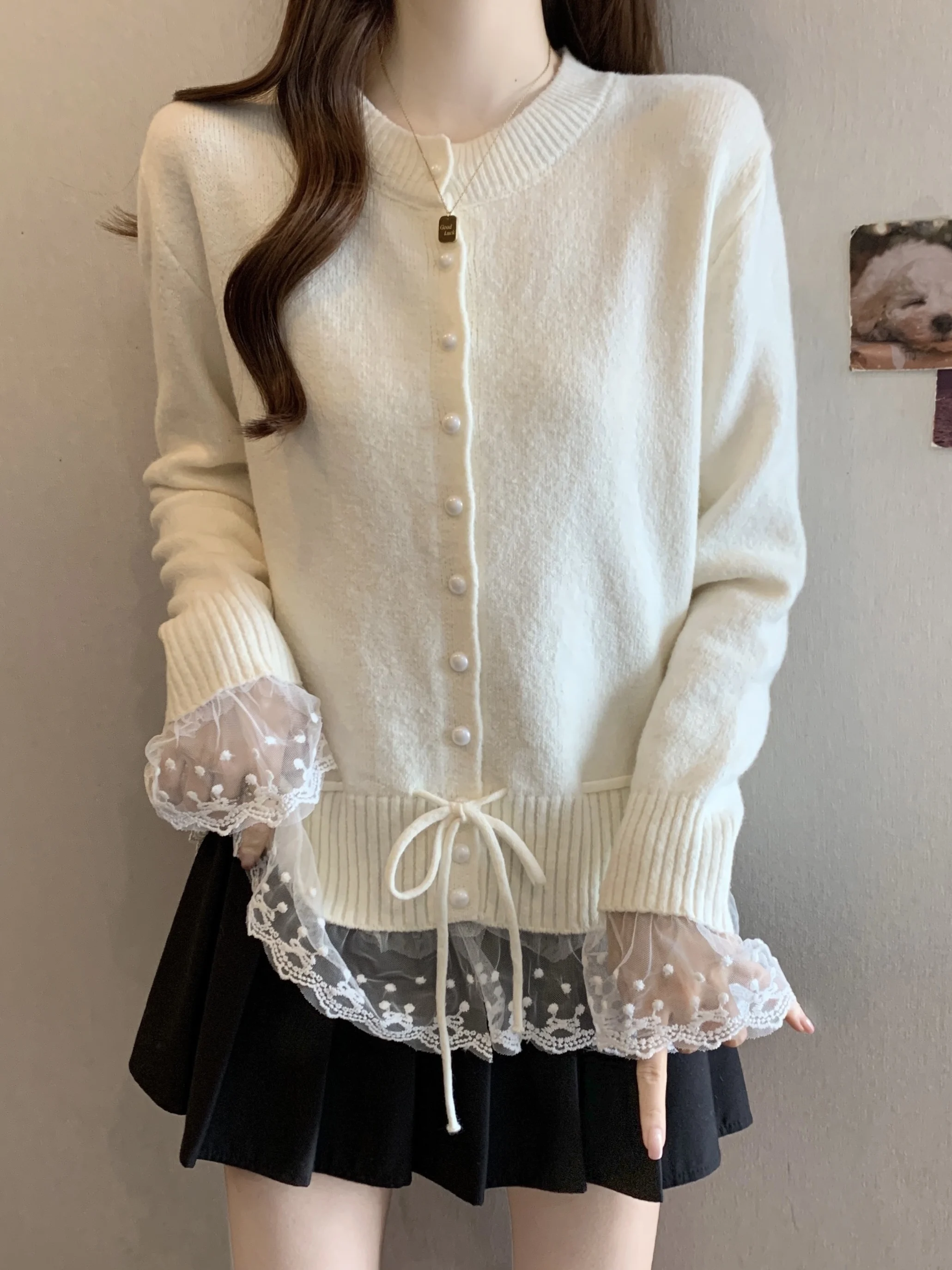 

plus Size Korean Style Lace Trim Long Sleeve Knitted Sweater Autumn Winter Waist Cinching Slimming Design Belted Top for Women