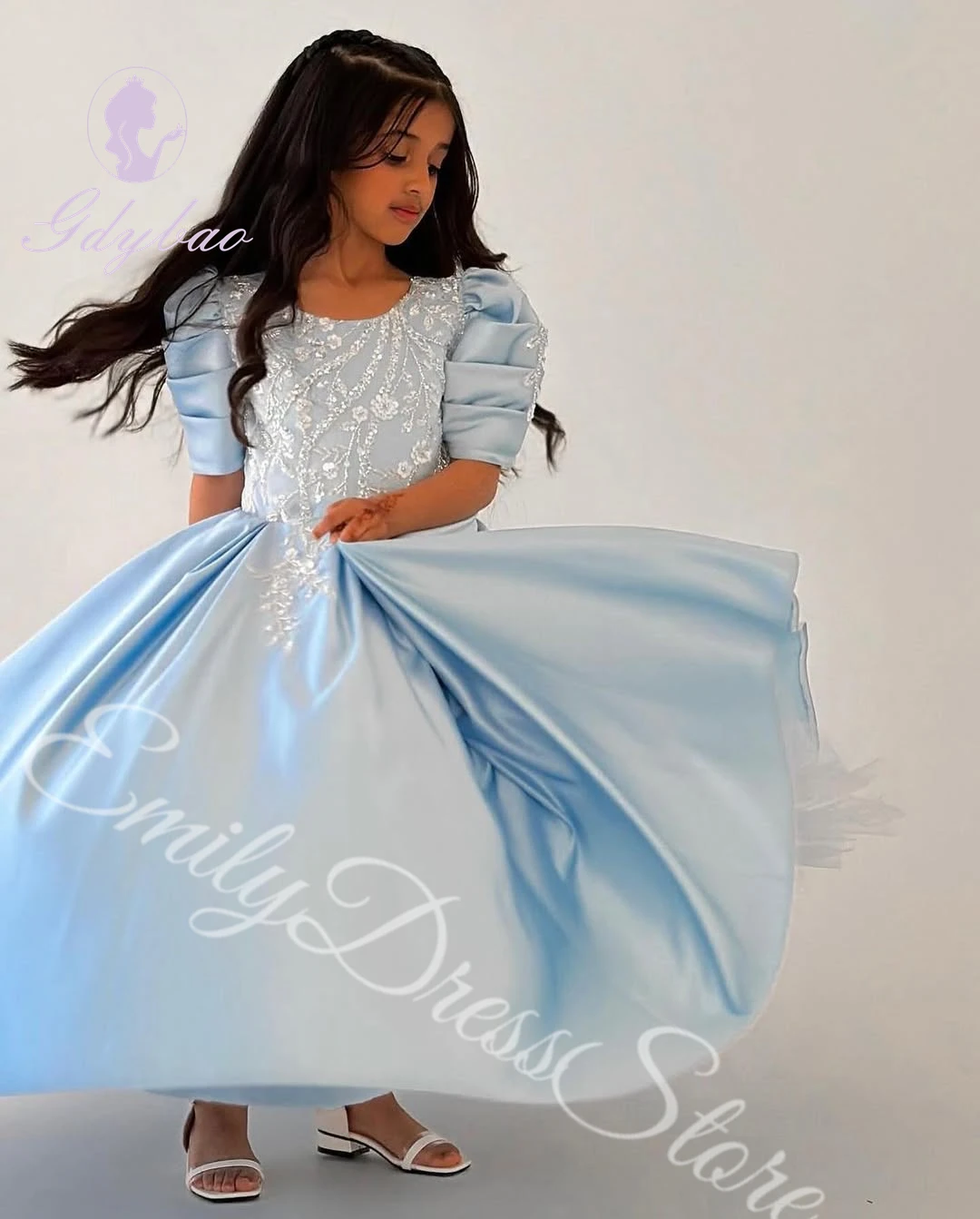 Vestido de niña de flores azul cielo personalizado para boda, satén, media manga, apliques hinchados, vestidos de baile de primera comunión de cumpleaños para niños