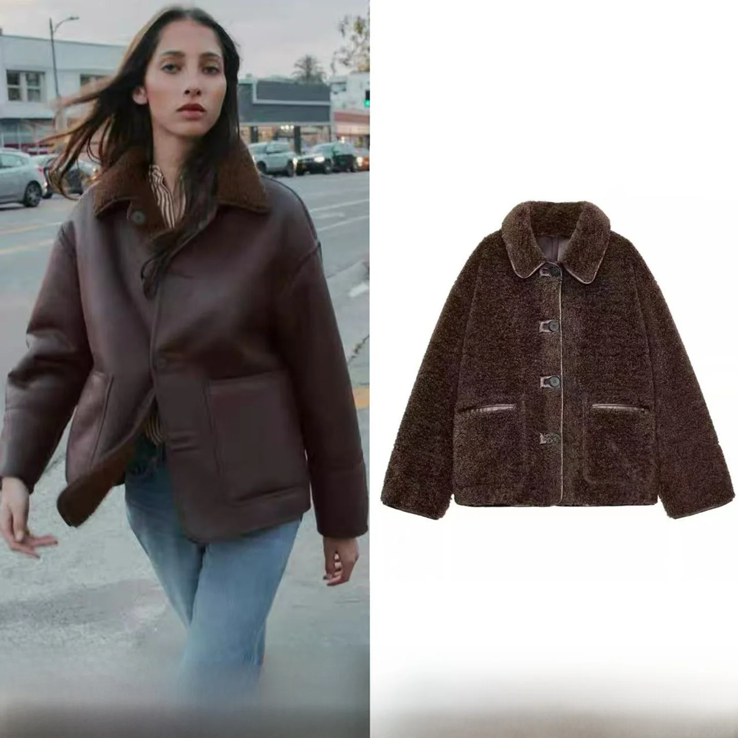 

Двусторонняя женская куртка из овчины и кожи, свободного кроя, теплая, осенне-зимняя, повседневная, с длинными рукавами, на пуговицах