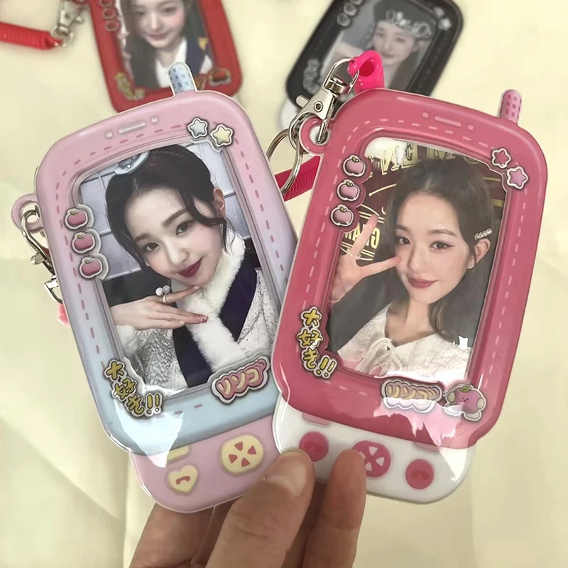 Kawaii Photocard Holder With KeyChain Mobile Shape Kpop Photo Card Idol Protective Case School Stationery Mini Album Photos