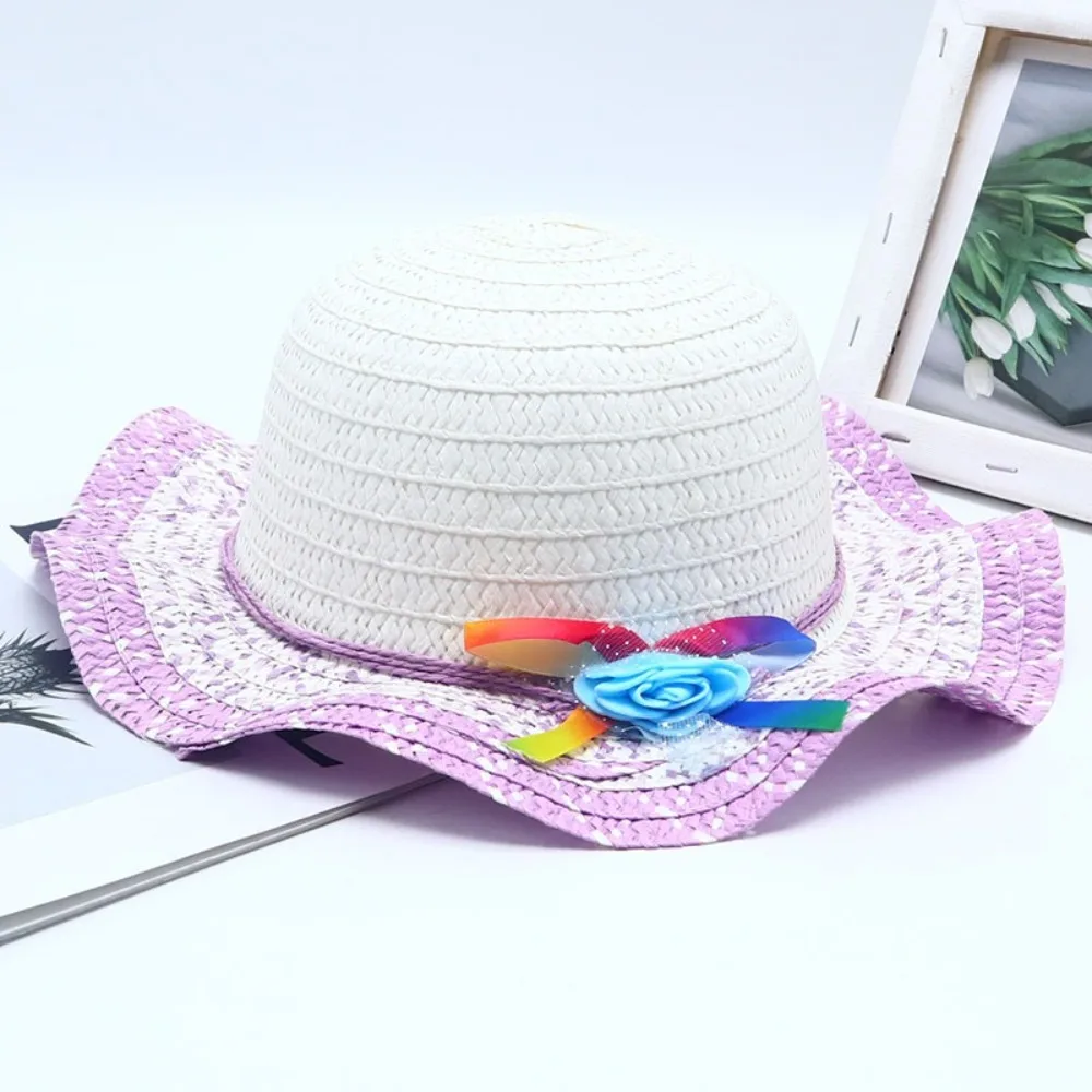 

Sweet Handmade Straw Hat Wide Brim Flower Decoration Sun Hat 3-7Year Bucket Hat Beach