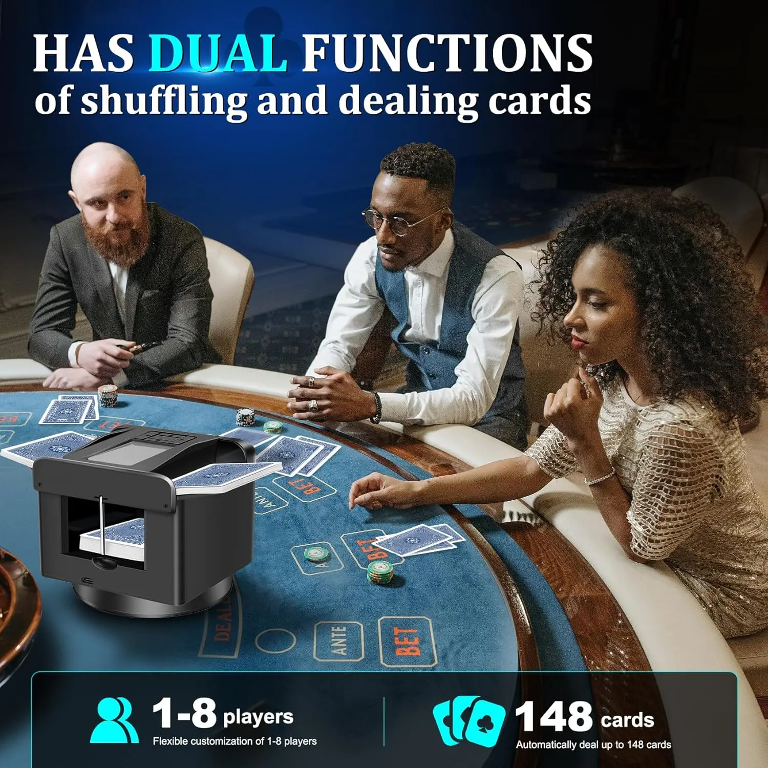 Card Shuffler and Dealer 2-in-1, rivenditore di carte a 2 mazzi con telecomando Wireless rotante a 360 °, Ultra silenzioso, ricaricabile, funziona con UNO,