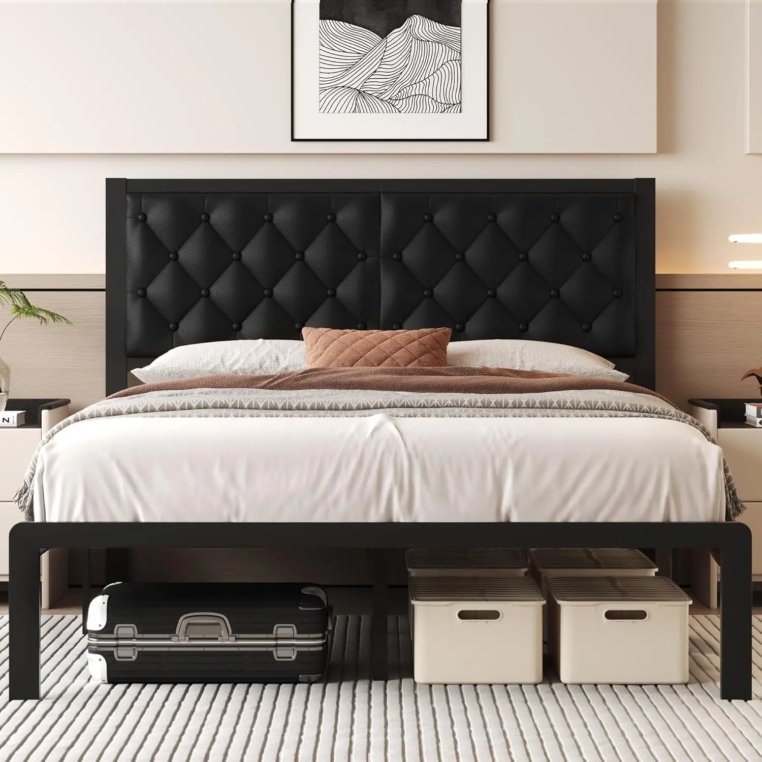 

Queen Bed Frame with Headboard PU Leather Upholstered Bed Frame Platform,All Metal Slats Support Platform Bed Frame with Storage