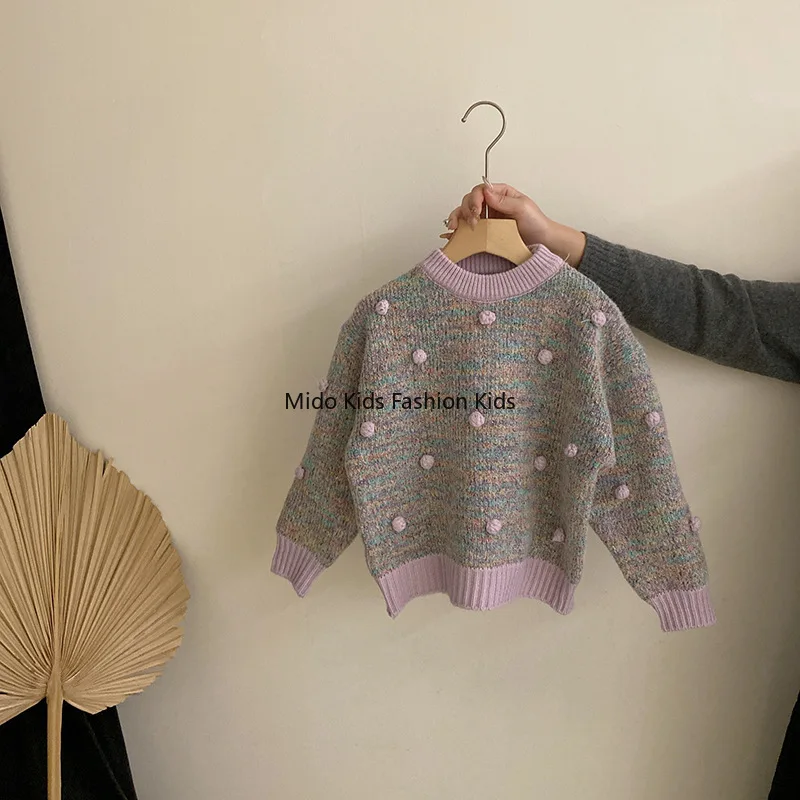 

Girls' Korean Style Winter New Arrival Pom-Pom Knit Crew Neck Top 2025 Casual Sweater Fashionable Spring & Autumn Wear
