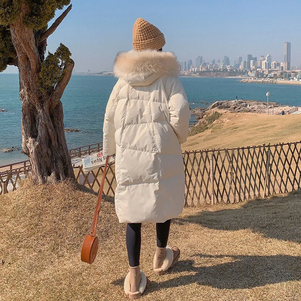 Daunen-Baumwoll-Parkas-Jacke für Damen, X-lang, Kunstpelzkragen, gepolsterter Mantel, 2022, Winter, verdickt, locker, große Hooede, warme Oberbekleidung