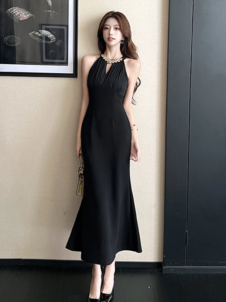 ชุดราตรีผู้หญิงสีดำ เซ็กซี่ สายคล้องคอเว้าหลัง ทรงเข้ารูป หางปลา ยาว หรูหรา สง่างาม แฟชั่นสำหรับงานปาร์ตี้ งานพรอม ชุดเดรสใหม่