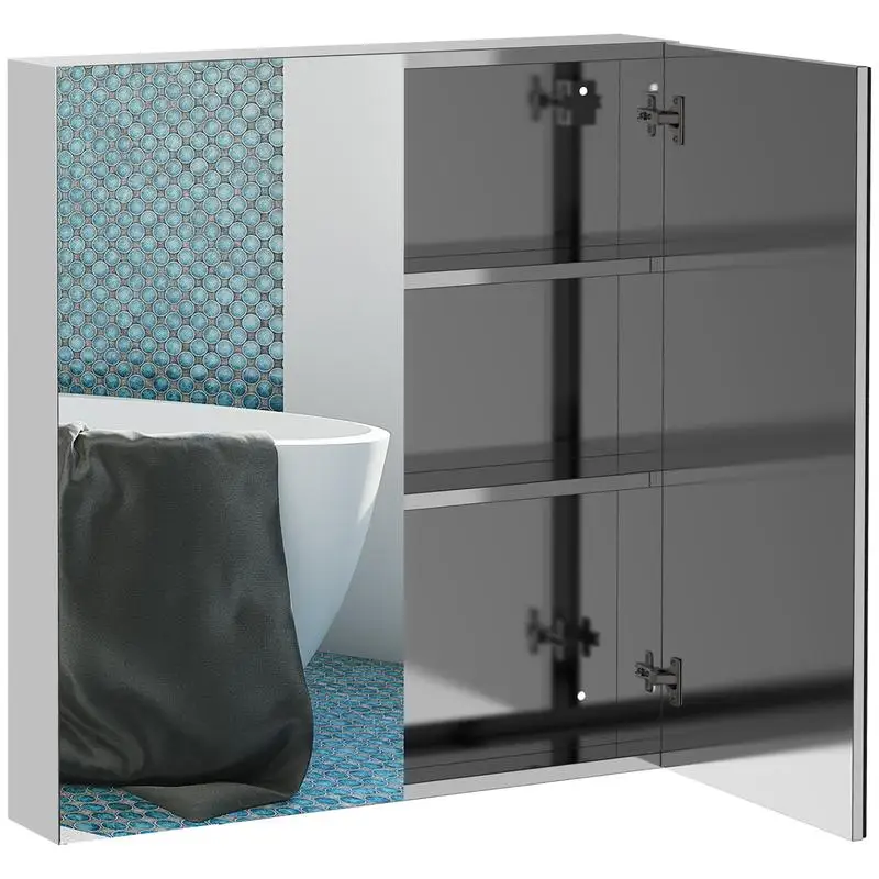 

24x26 Stainless Steel Wall-Mounted Medicine Cabinet with Double Doors - Mirrored Storage Organizer in Silver