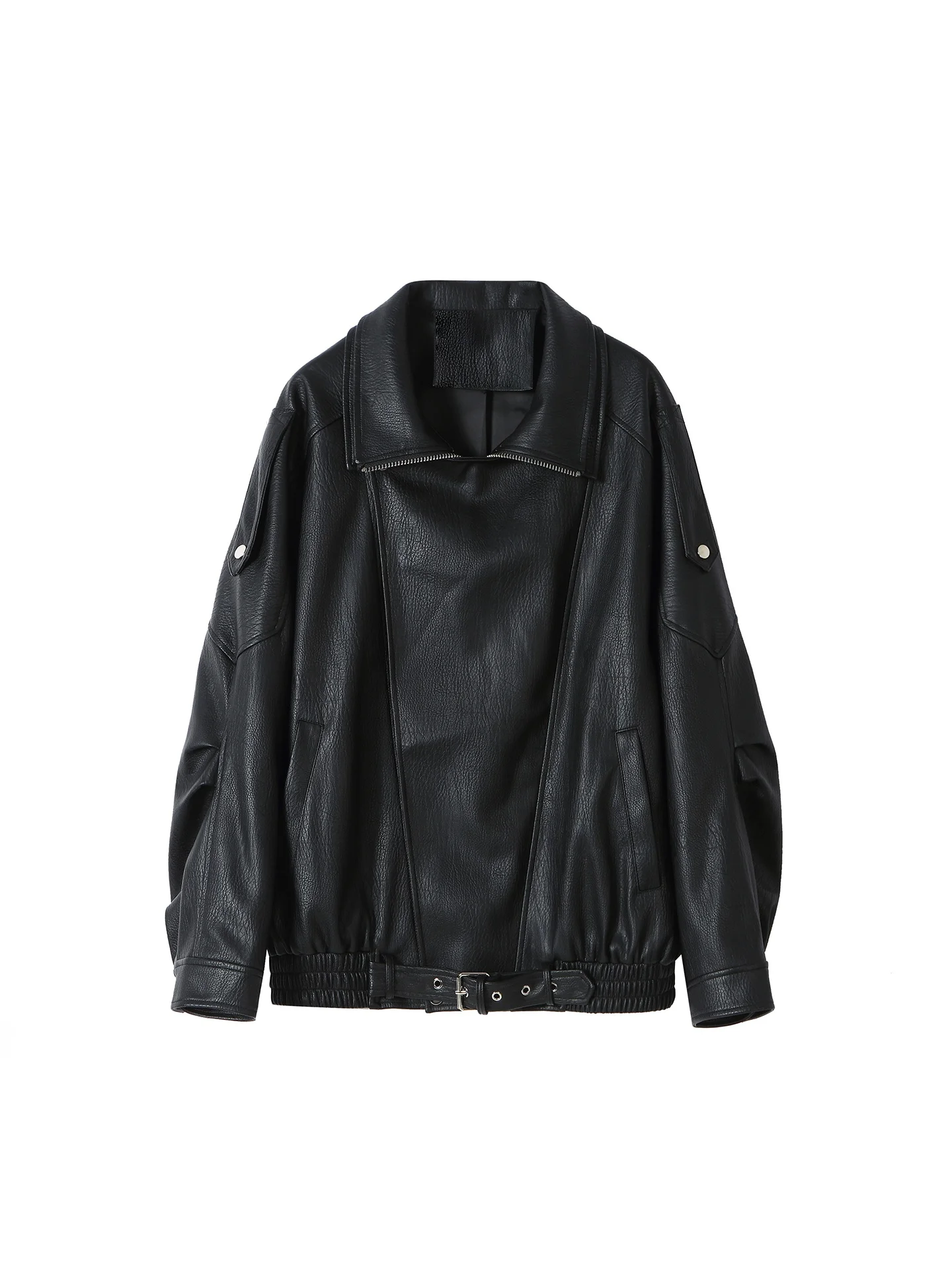 Kurtka motocyklowa Binguo, damska, skórzana, casualowa, wiosenno-jesienna, z małym, designerskim akcentem, luźny krój, długa.