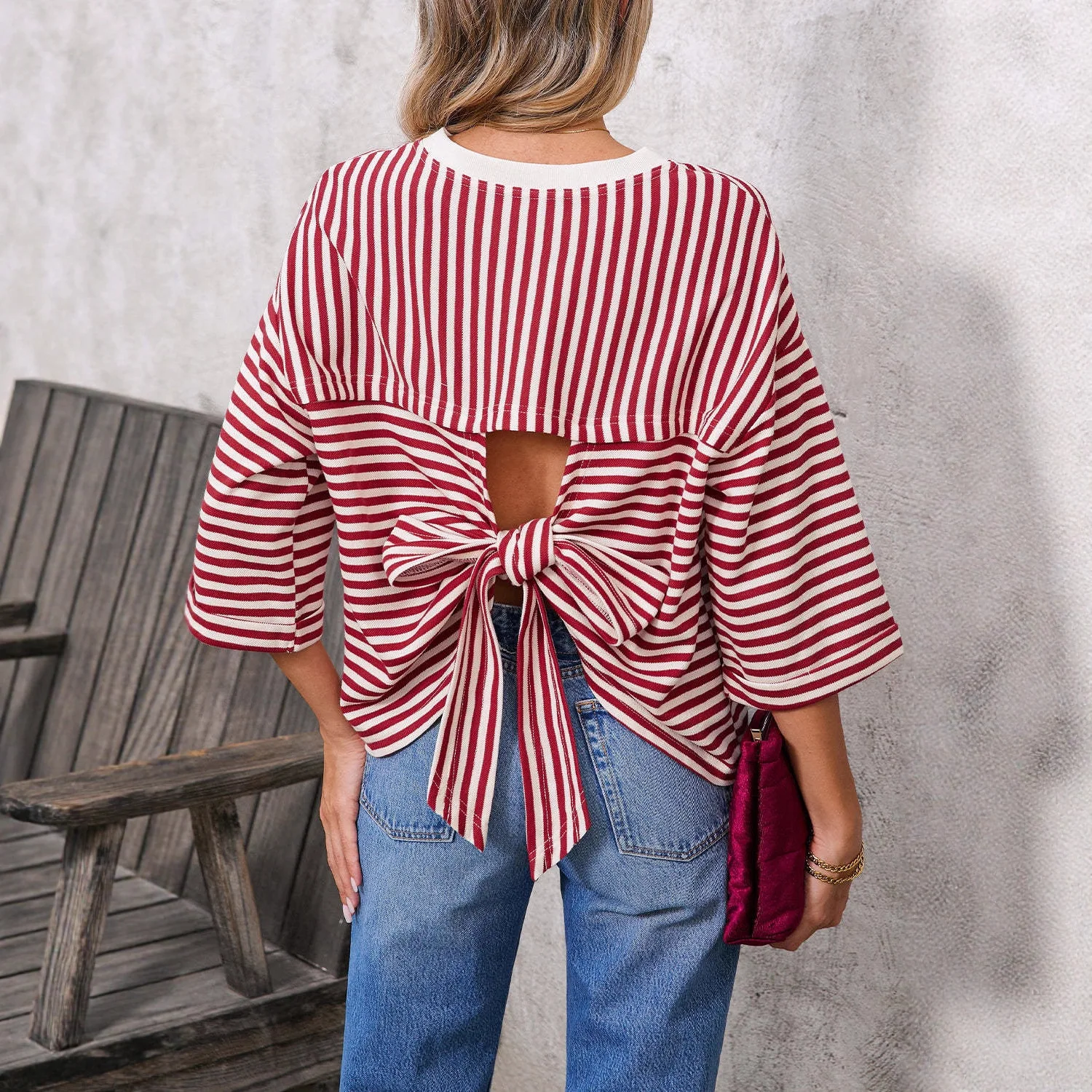 2026 New Women's Circular Neck Strip Back-tie   Bow Pullover Knit Top Summer Long Dress Clothes Party Prom Beach