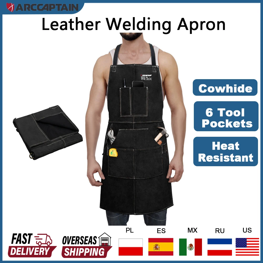 

ARCCAPTAIN Leather Welding Work Apron Heat Flame Resistant Cowhide Blacksmith Welding Aprons with 6 Tool Pocket for Welding Work