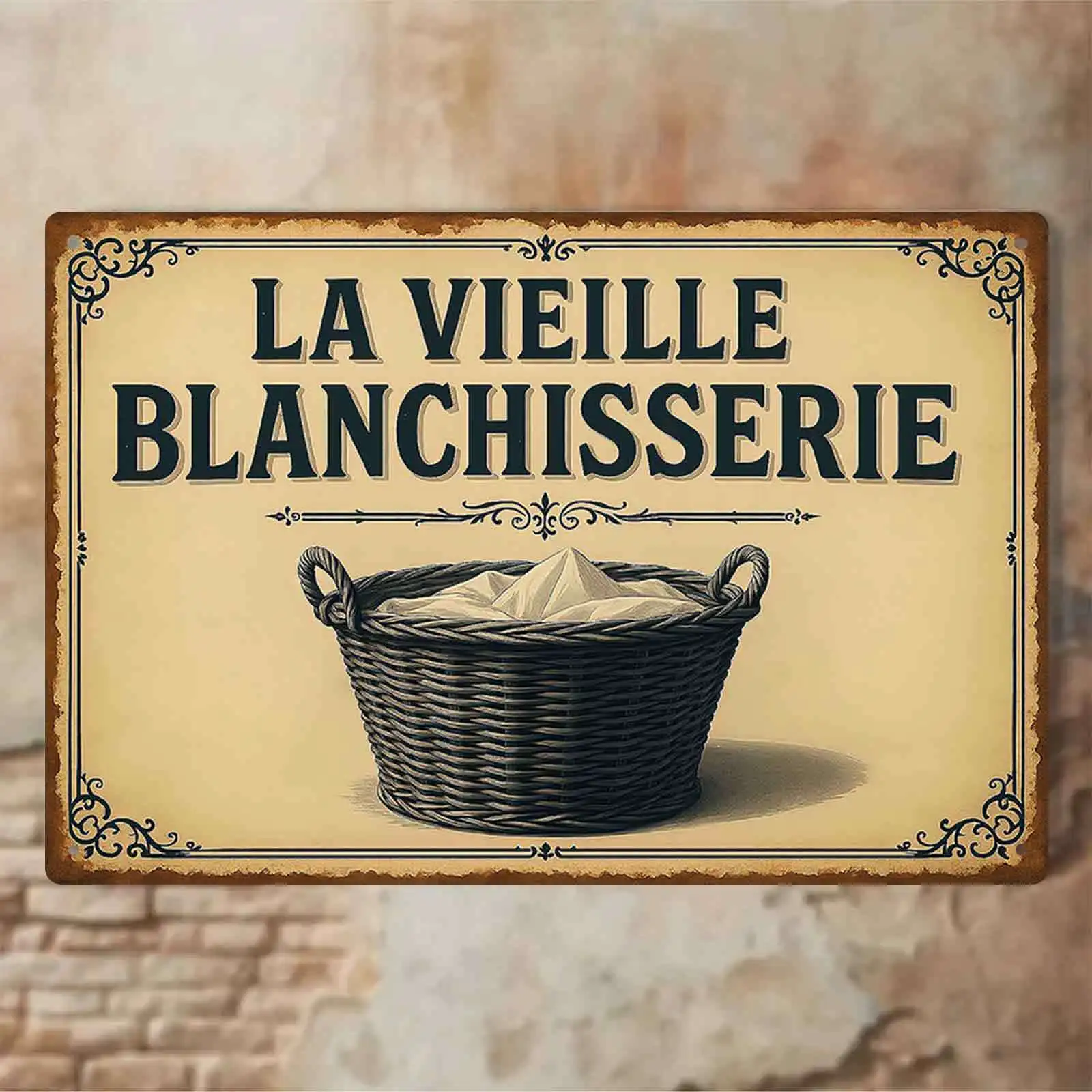 French Laundry Sign Wall Art - Rustic Metal Tin Sign with Ornate Border & Laundry Basket Design, Indoor/Outdoor Decor for Home
