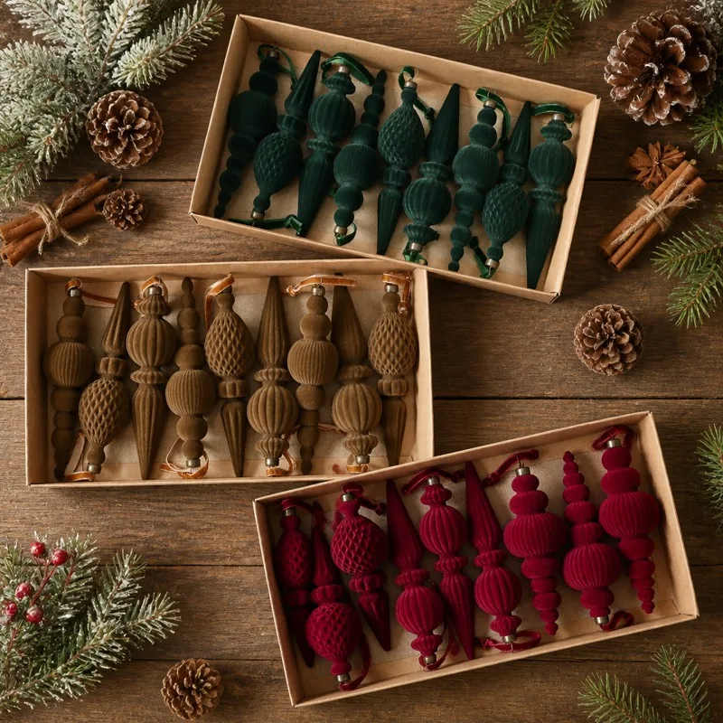 9 Stück Samt-Weihnachtsbaum-Hängeornamente, Kunststoff-Weihnachtskugeln, beflockte Festtagsdekoration, leicht, für Kamin und Kaminsims