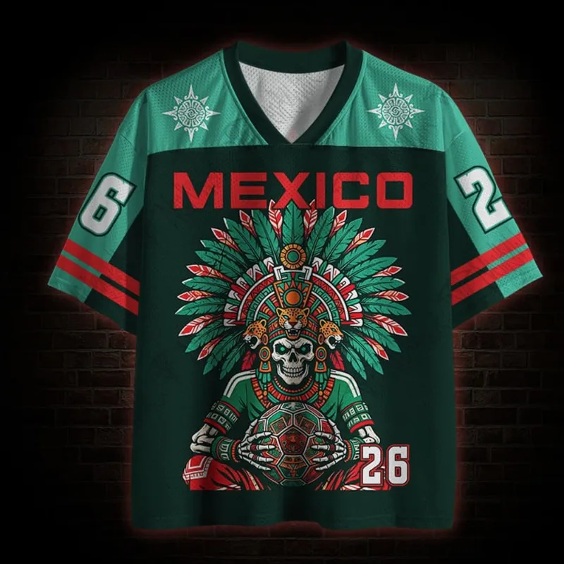 Mexico Aztec Tribal Soccer Jersey Mayan Calendar Skull Jaguar Eagle Print V Neck Tshirt Unisex Mexican Flag Casual Fan Apparel